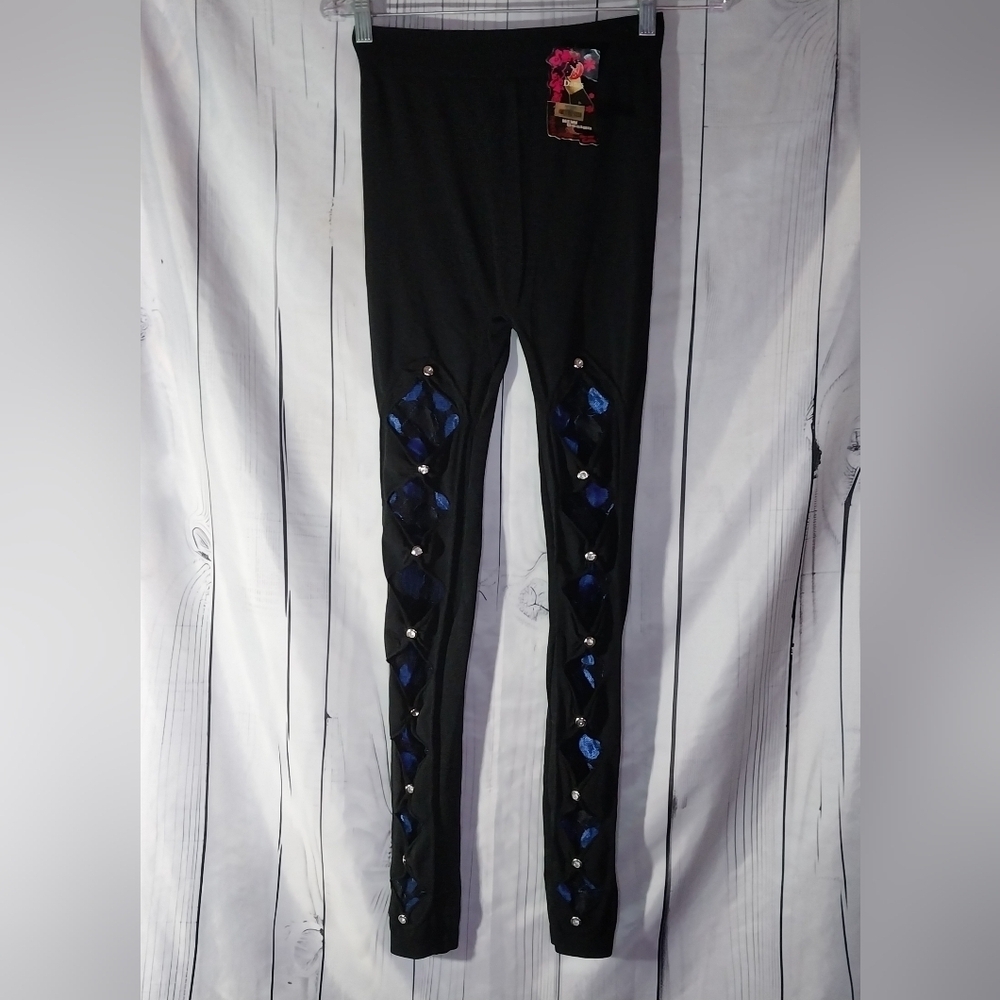 Danis Black Goth Emo Leggings with Blue Accents NWT